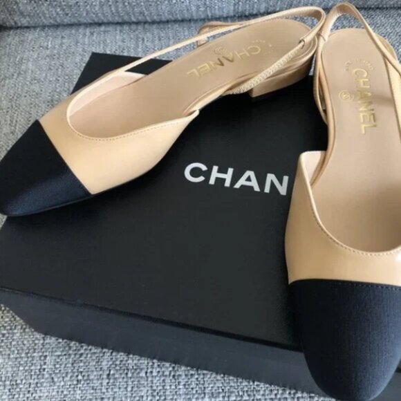 New Chanel Size 38 Goatskin Slingback Beige/Black Flat - Picture 2 of 7